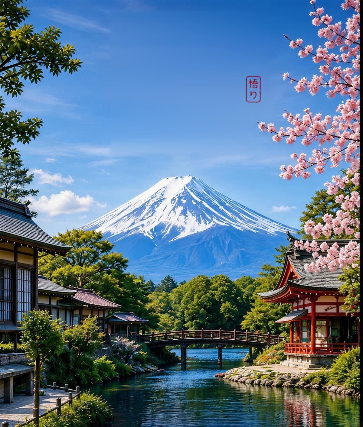 Mount Fuji beyond the temples and waterways of Mishima