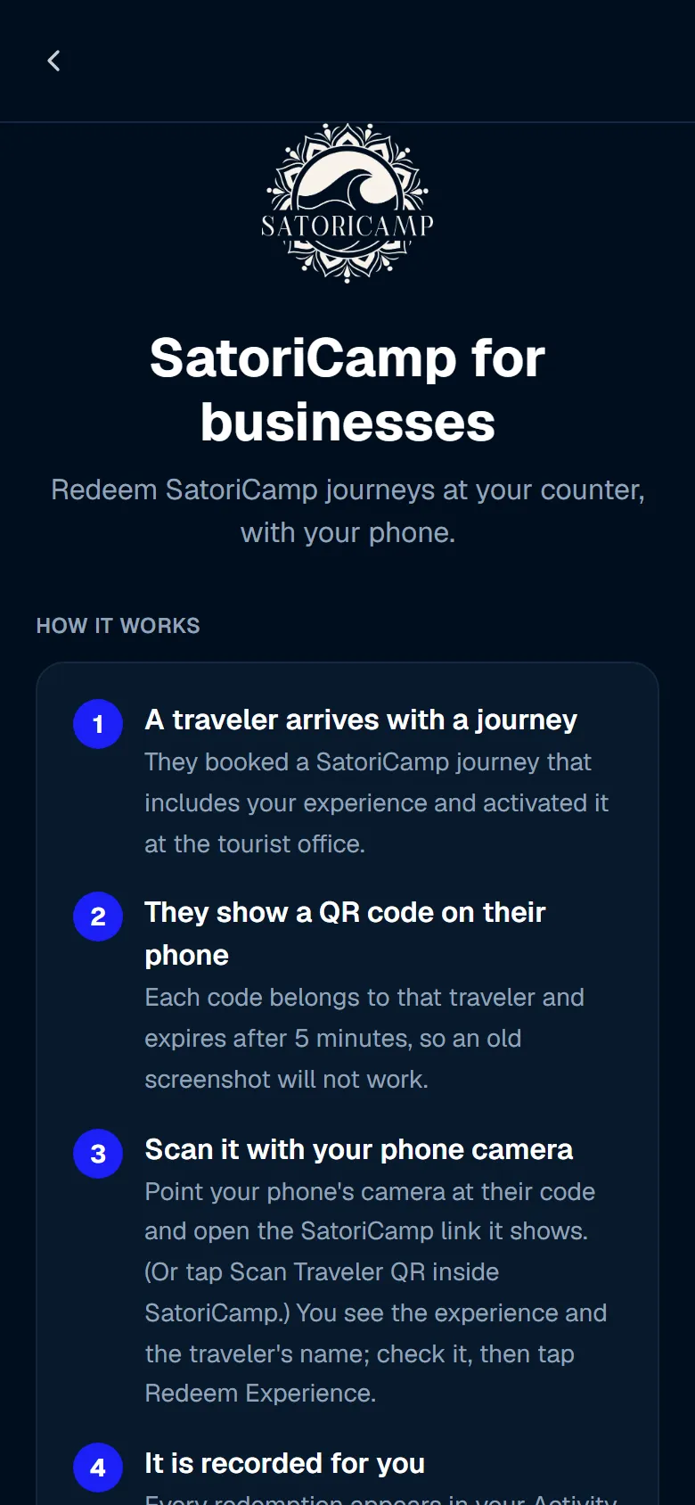 SatoriCamp for businesses: how redeeming works
